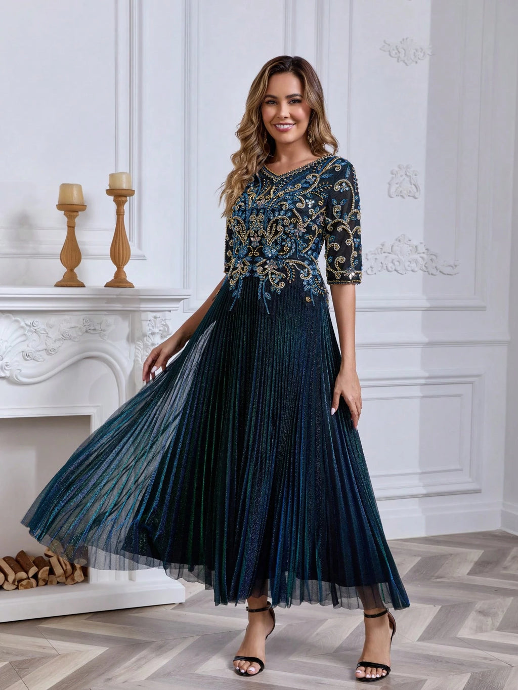 JINLICX Luxury Royal Blue V-Neck Beaded Pleated Party Dress