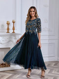 JINLICX Luxury Royal Blue V-Neck Beaded Pleated Party Dress