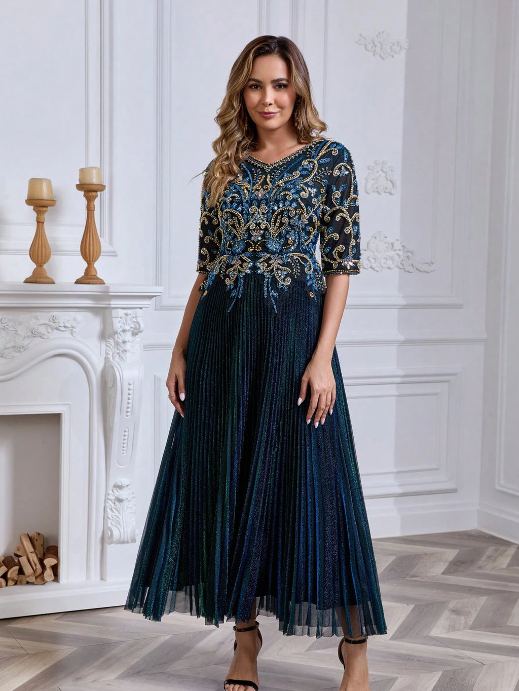 JINLICX Luxury Royal Blue V-Neck Beaded Pleated Party Dress - image 3