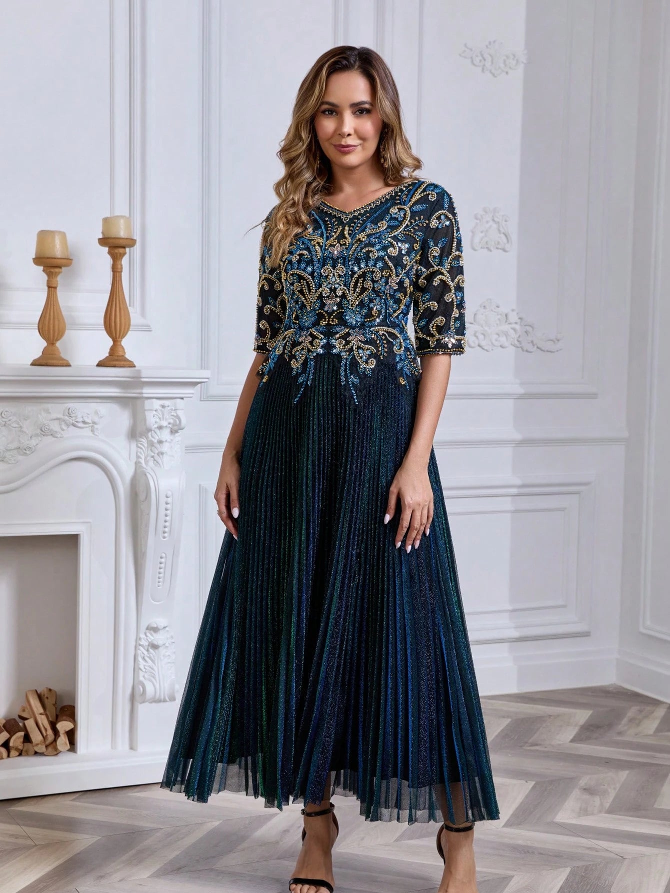 JINLICX Luxury Royal Blue V-Neck Beaded Pleated Party Dress - image 3