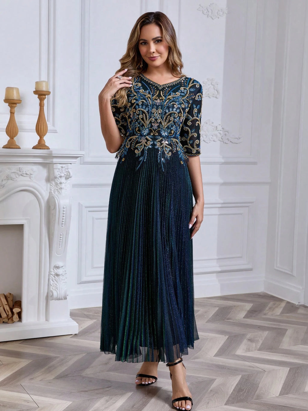 JINLICX Luxury Royal Blue V-Neck Beaded Pleated Party Dress - image 4