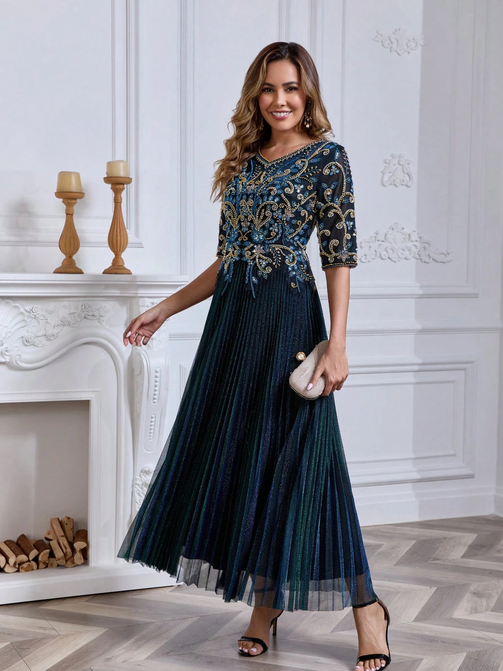 JINLICX Luxury Royal Blue V-Neck Beaded Pleated Party Dress - image 5
