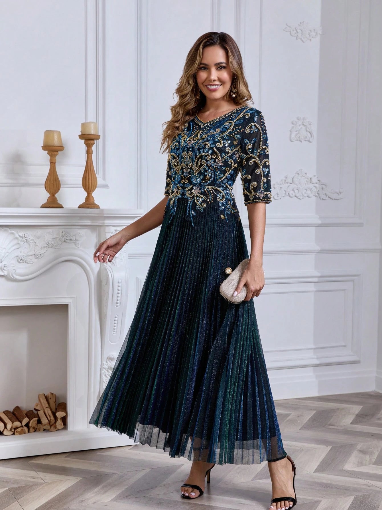 JINLICX Luxury Royal Blue V-Neck Beaded Pleated Party Dress - image 5