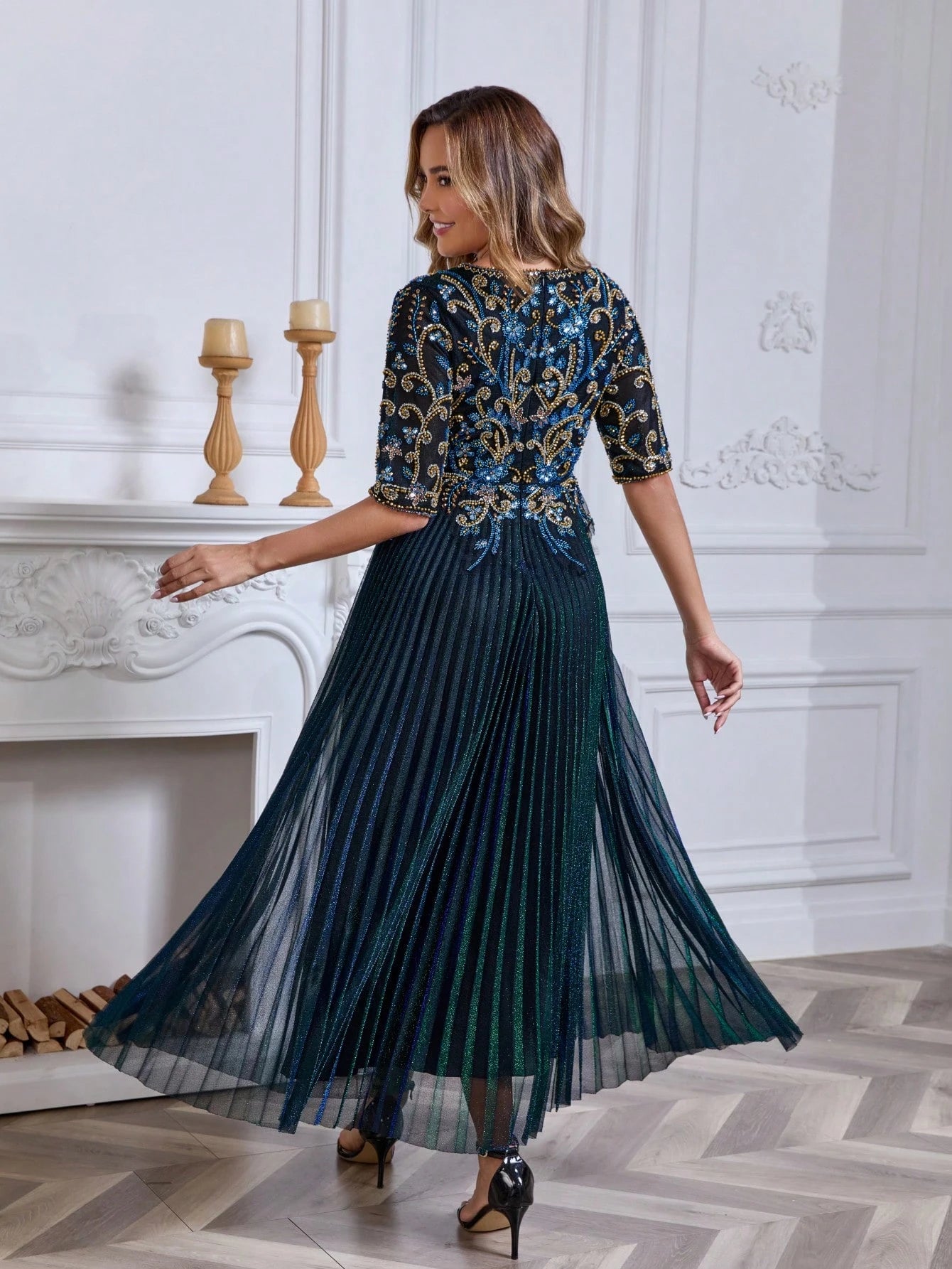 JINLICX Luxury Royal Blue V-Neck Beaded Pleated Party Dress - image 6