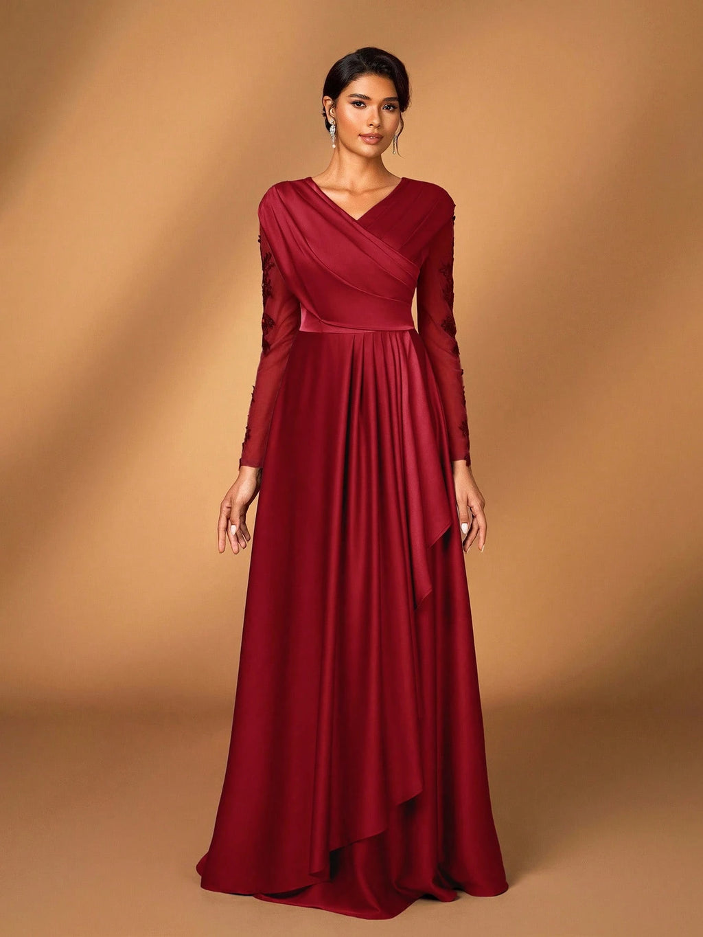 Serin Women's Elegant Luxurious Satin Patchwork Mesh Draped Neck Applique A-Line Asymmetric Dress,Dusty