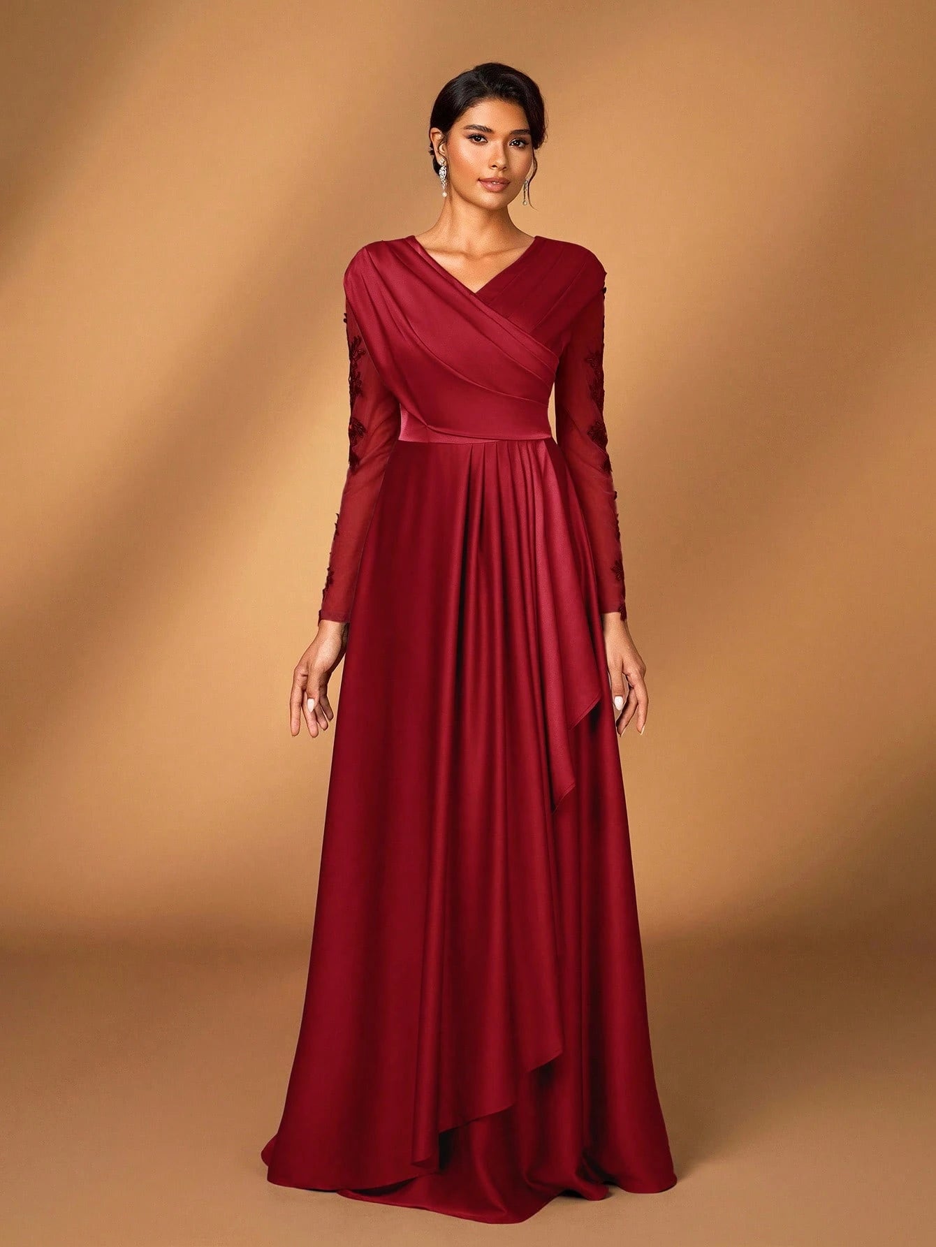 Serin Women's Elegant Luxurious Satin Patchwork Mesh Draped Neck Applique A-Line Asymmetric Dress,Dusty