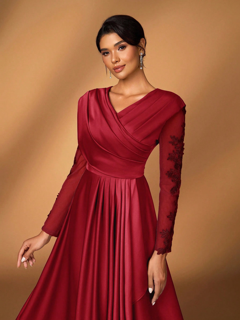 Serin Women's Elegant Luxurious Satin Patchwork Mesh Draped Neck Applique A-Line Asymmetric Dress,Dusty - image 2