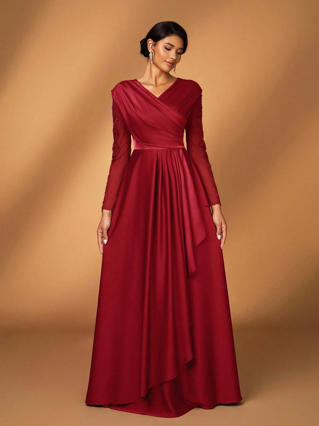 Serin Women's Elegant Luxurious Satin Patchwork Mesh Draped Neck Applique A-Line Asymmetric Dress,Dusty - image 3