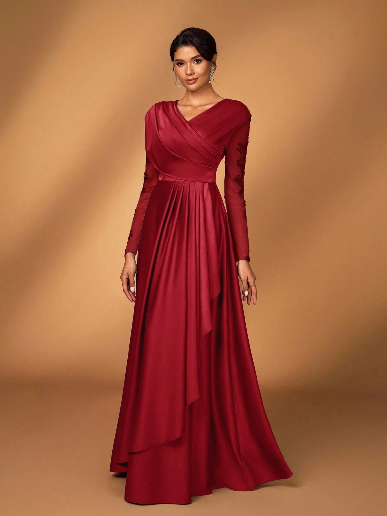 Serin Women's Elegant Luxurious Satin Patchwork Mesh Draped Neck Applique A-Line Asymmetric Dress,Dusty - image 4