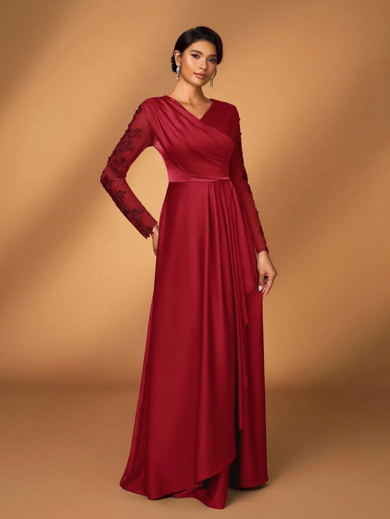 Serin Women's Elegant Luxurious Satin Patchwork Mesh Draped Neck Applique A-Line Asymmetric Dress,Dusty - image 5