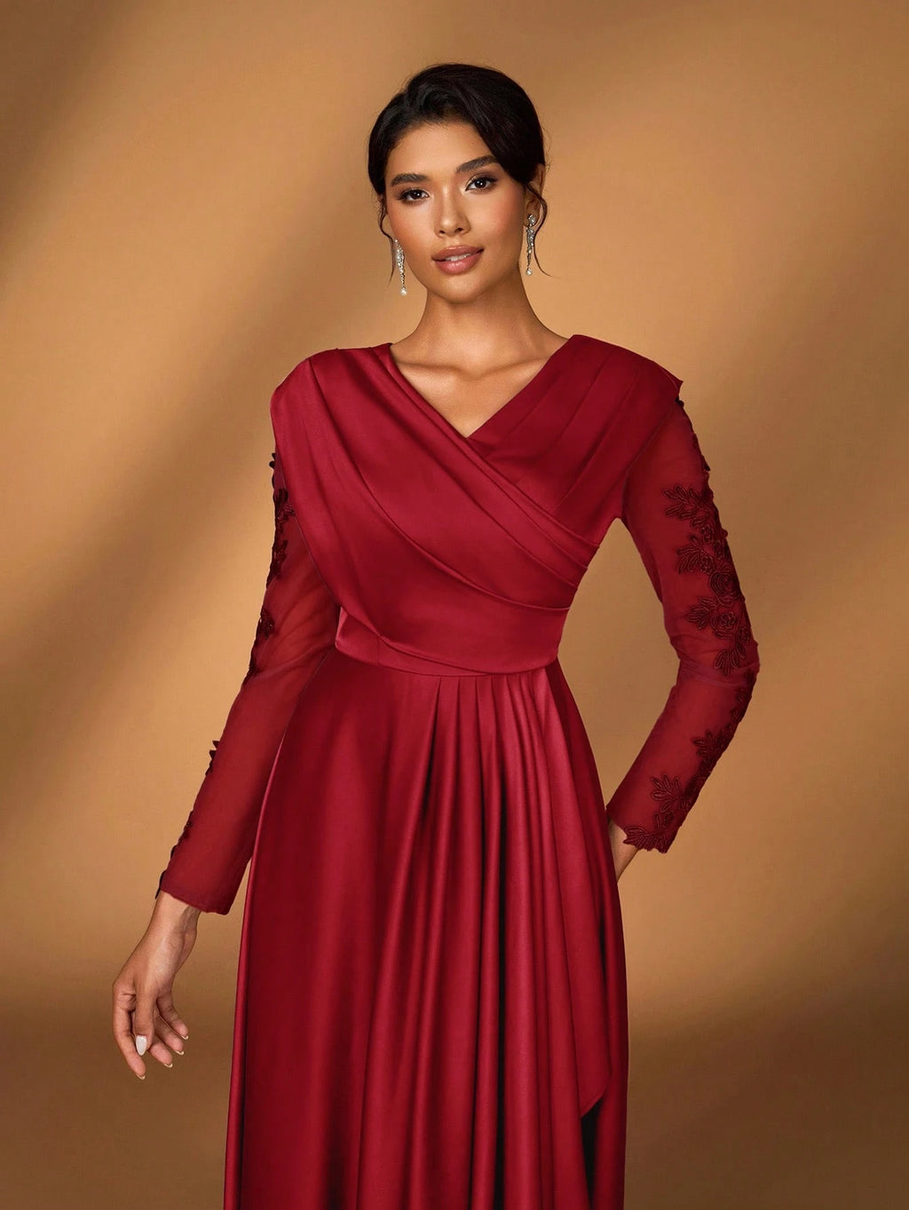 Serin Women's Elegant Luxurious Satin Patchwork Mesh Draped Neck Applique A-Line Asymmetric Dress,Dusty - image 6