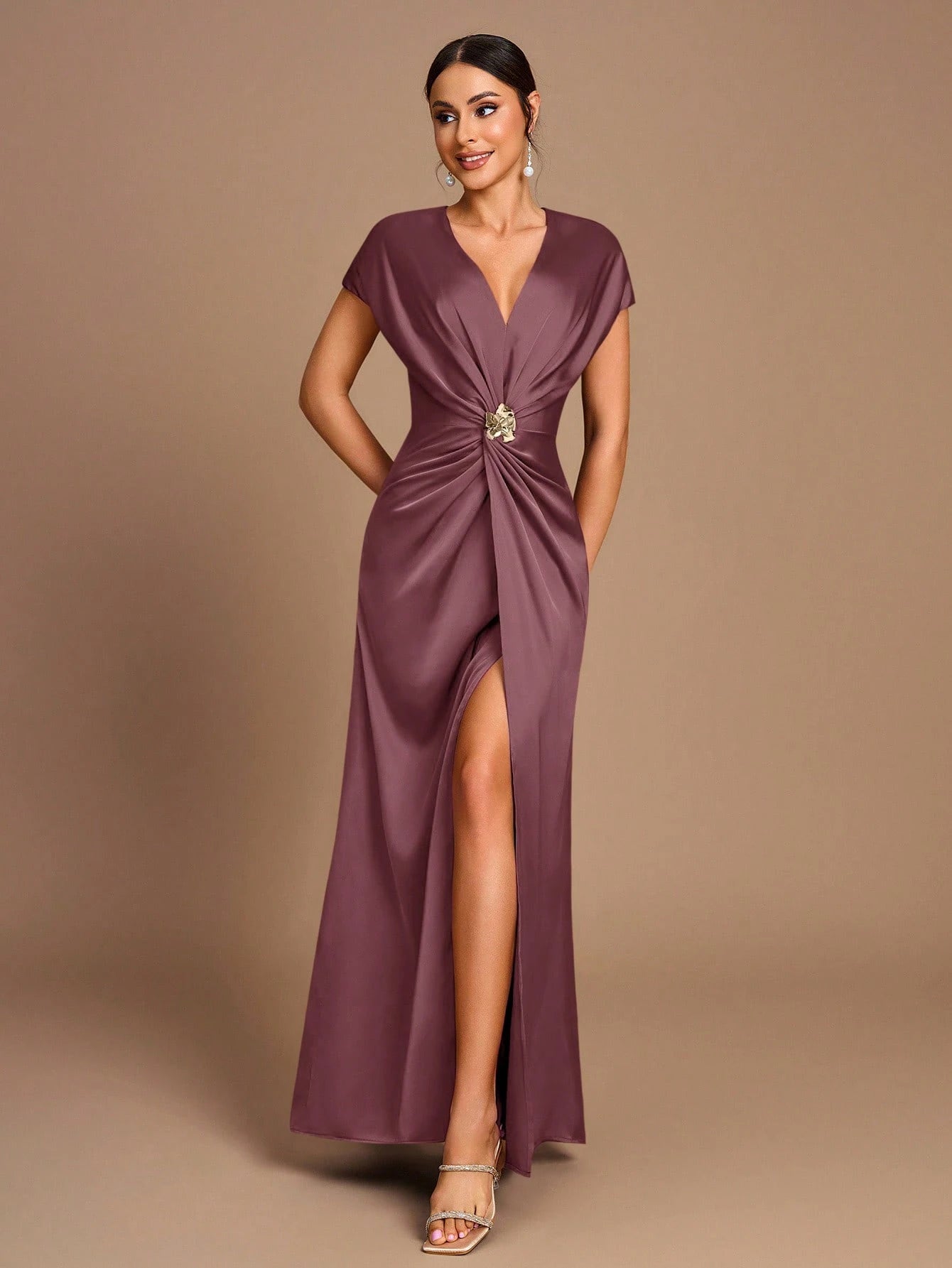 Belle Elegant Romantic Coffee Color Pleated Short Sleeve A-Line Split Bridesmaid Dress - image 18