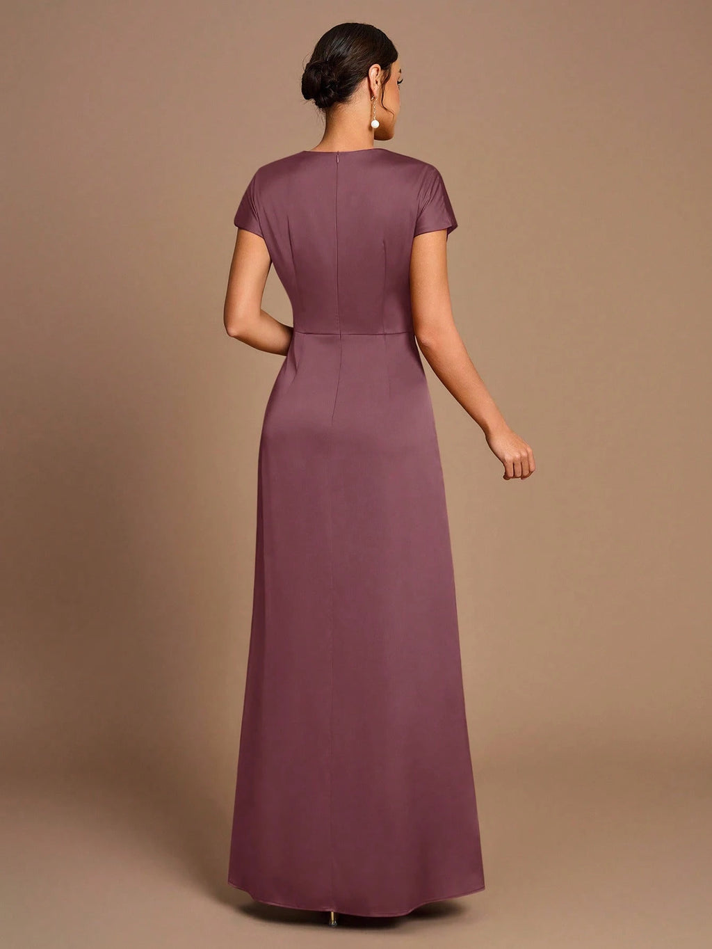 Belle Elegant Romantic Coffee Color Pleated Short Sleeve A-Line Split Bridesmaid Dress - image 20