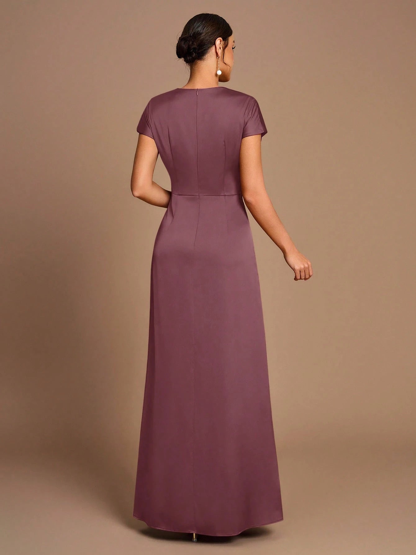 Belle Elegant Romantic Coffee Color Pleated Short Sleeve A-Line Split Bridesmaid Dress - image 20