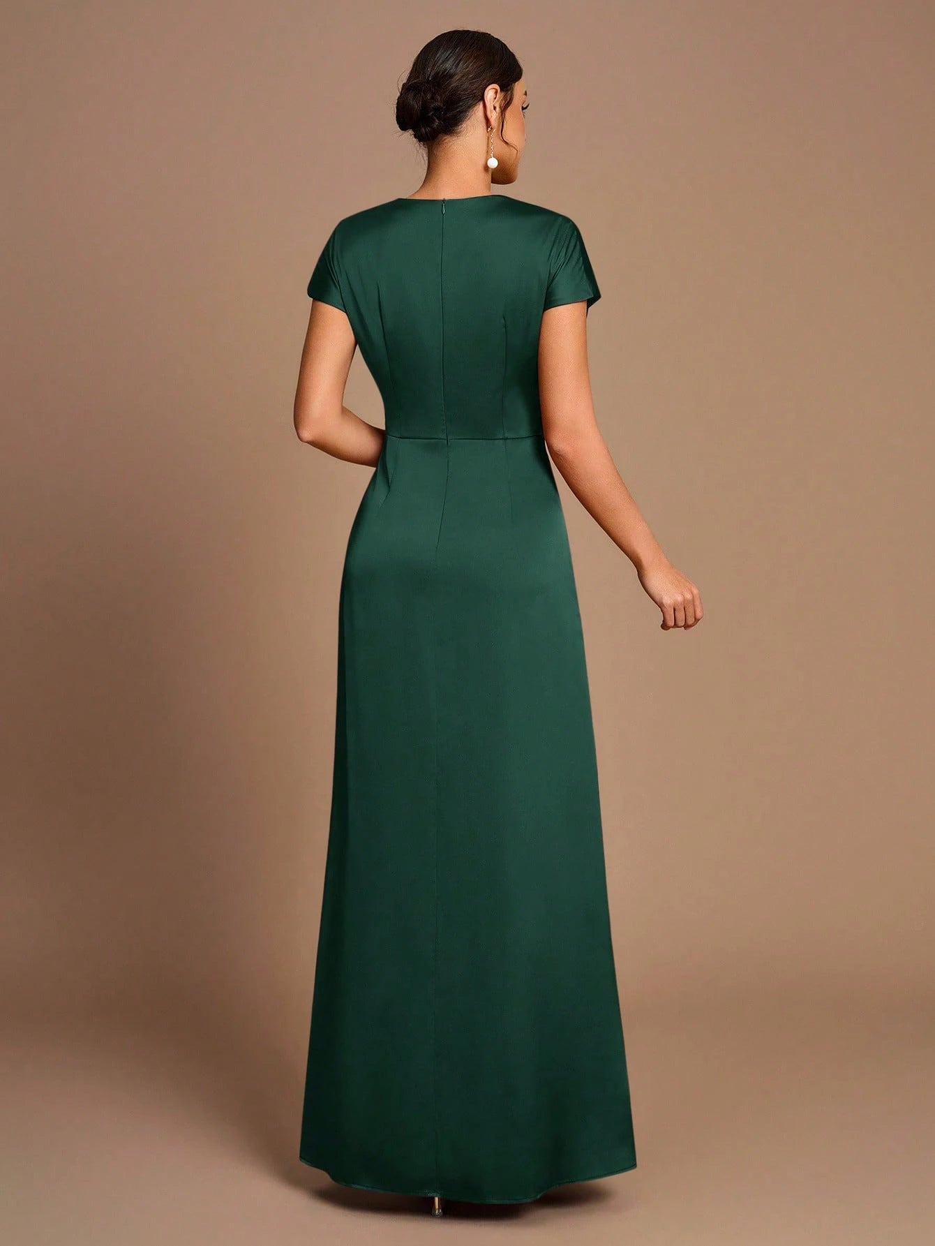 Belle Elegant Romantic Coffee Color Pleated Short Sleeve A-Line Split Bridesmaid Dress - image 13