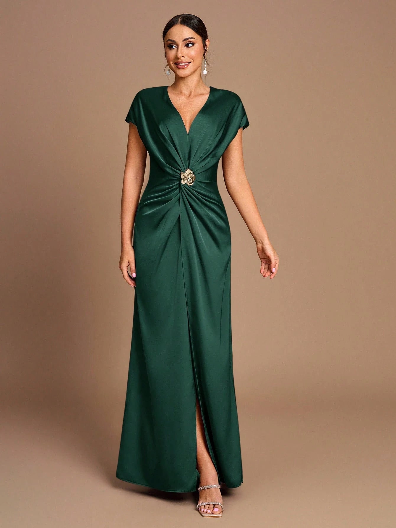 Belle Elegant Romantic Coffee Color Pleated Short Sleeve A-Line Split Bridesmaid Dress - image 16