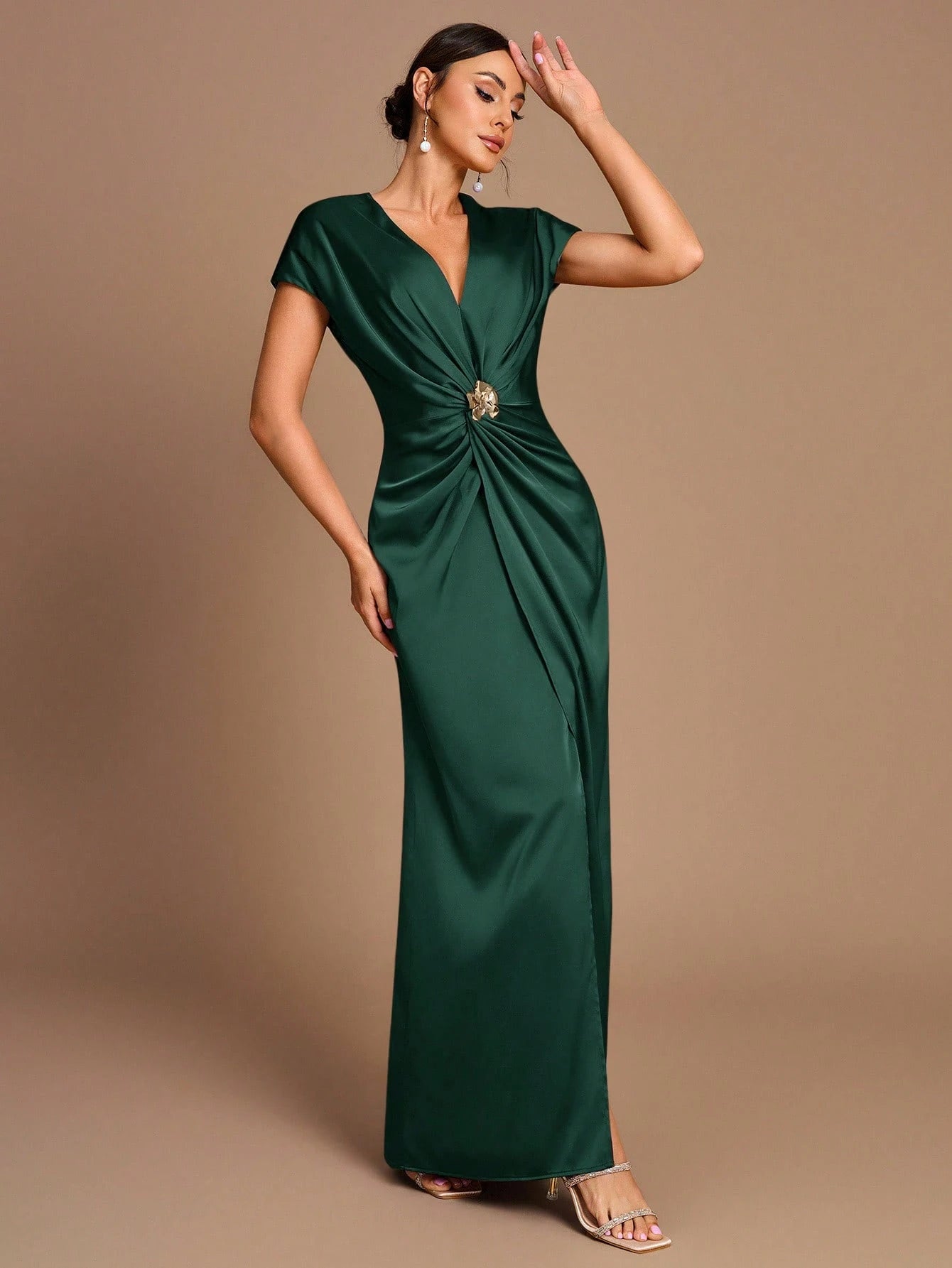 Belle Elegant Romantic Coffee Color Pleated Short Sleeve A-Line Split Bridesmaid Dress - image 17