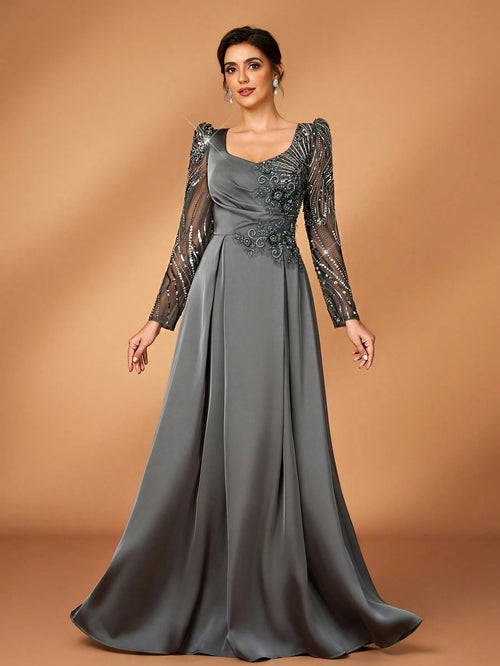 Serin Dusty Blue Spring Elegant Formal Dinner Evening Wedding Luxurious Beaded Sequin Floral Sheer Sleeve - image 2