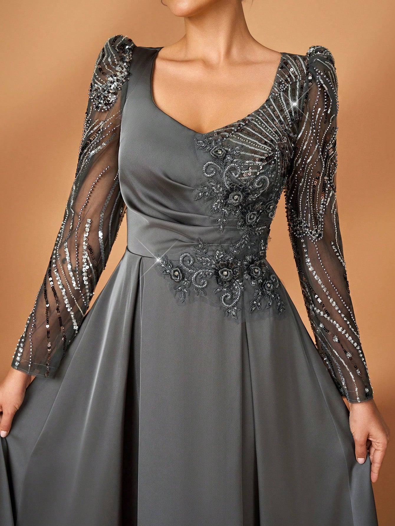 Serin Dusty Blue Spring Elegant Formal Dinner Evening Wedding Luxurious Beaded Sequin Floral Sheer Sleeve - image 3