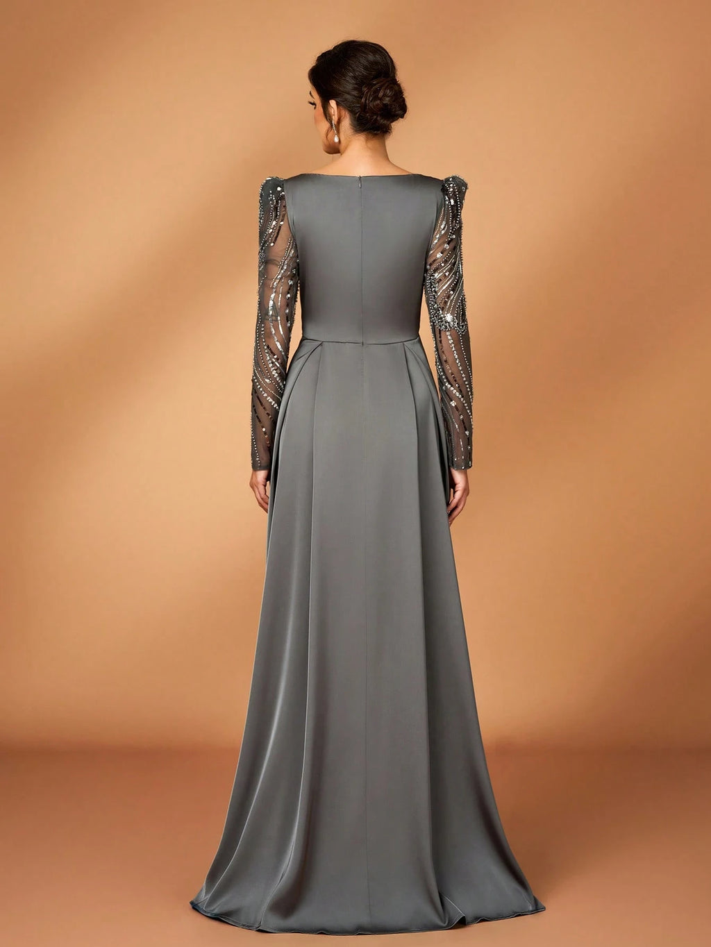 Serin Dusty Blue Spring Elegant Formal Dinner Evening Wedding Luxurious Beaded Sequin Floral Sheer Sleeve - image 4