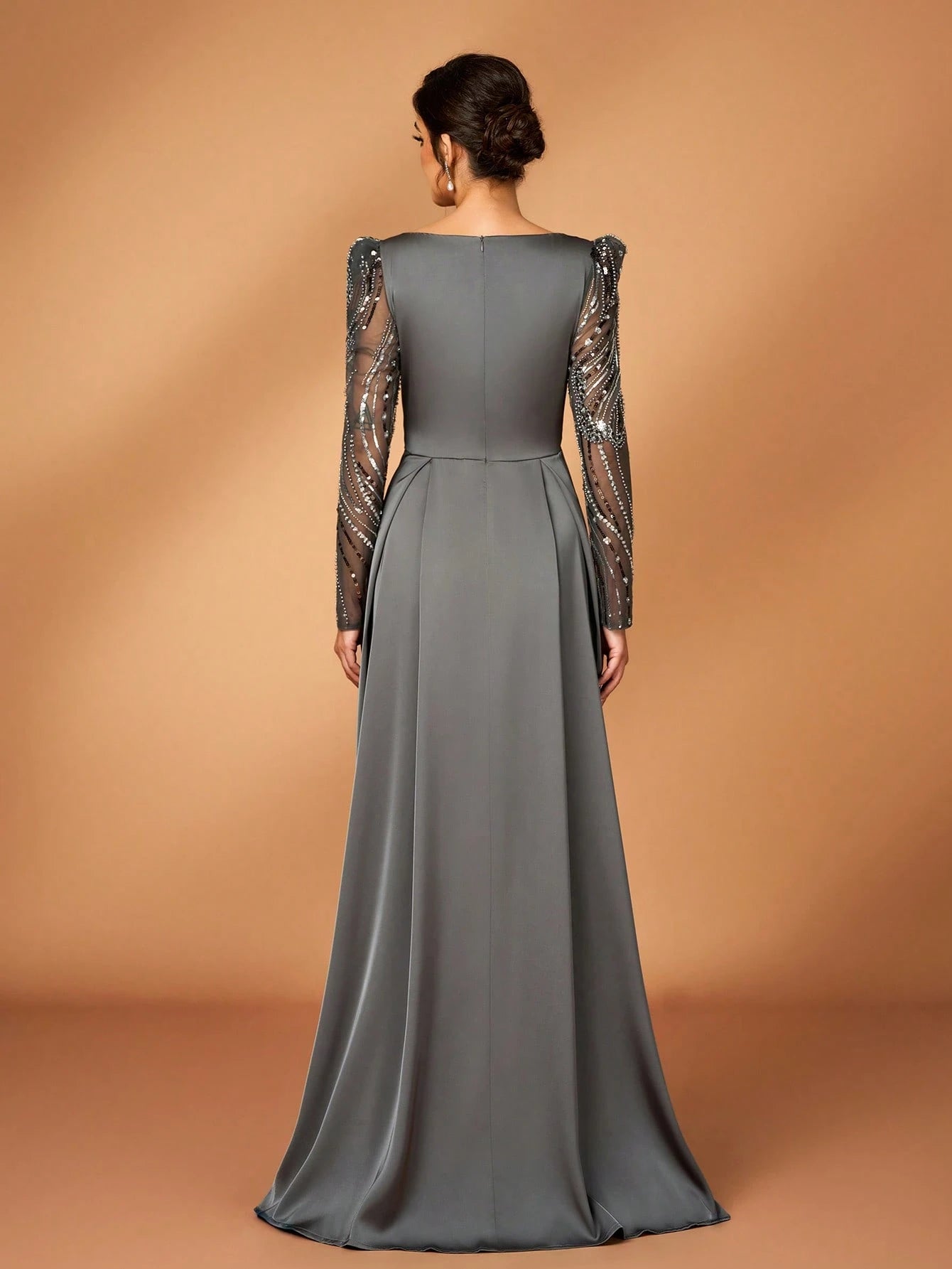 Serin Dusty Blue Spring Elegant Formal Dinner Evening Wedding Luxurious Beaded Sequin Floral Sheer Sleeve - image 4