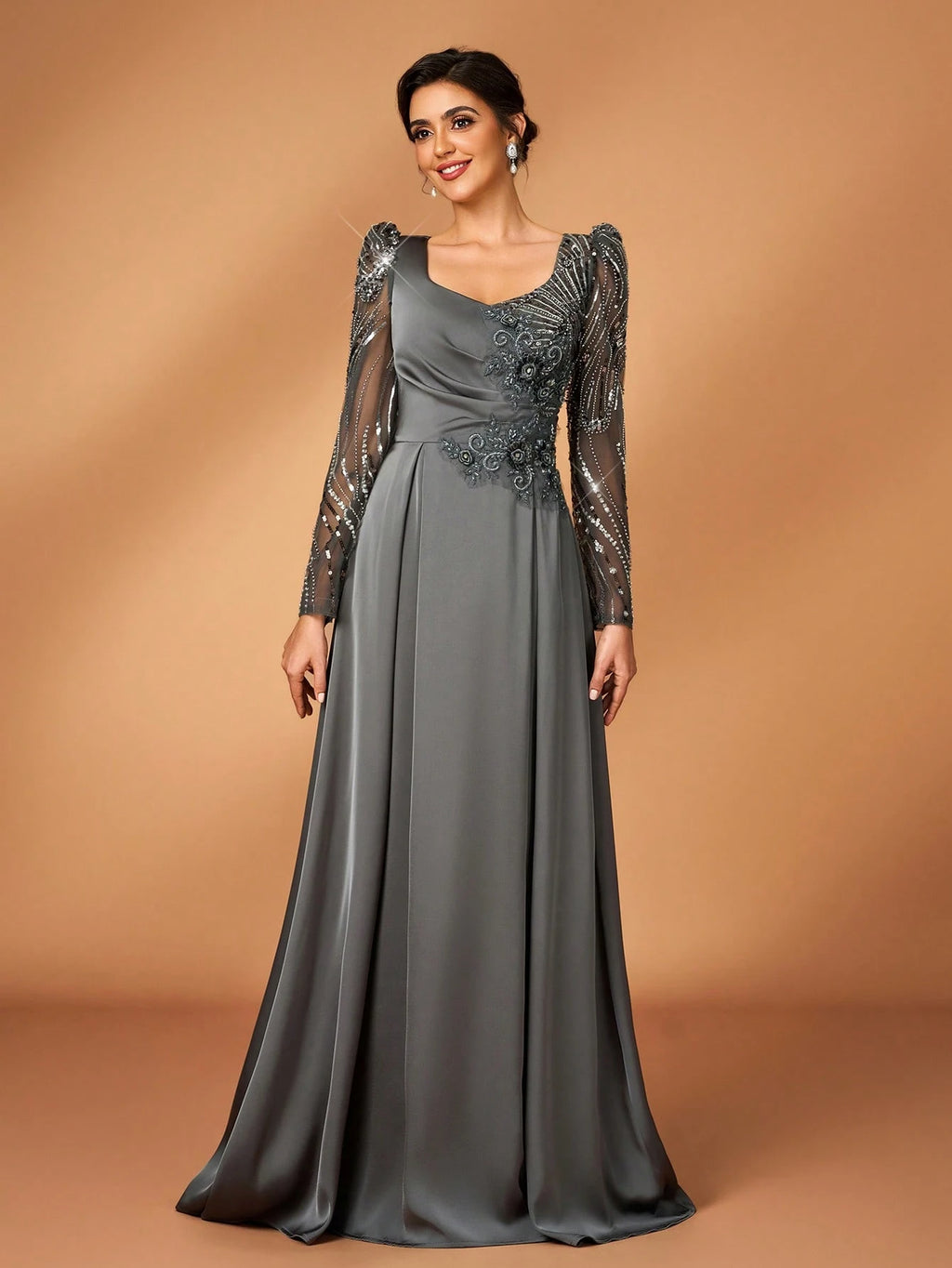 Serin Dusty Blue Spring Elegant Formal Dinner Evening Wedding Luxurious Beaded Sequin Floral Sheer Sleeve - image 5