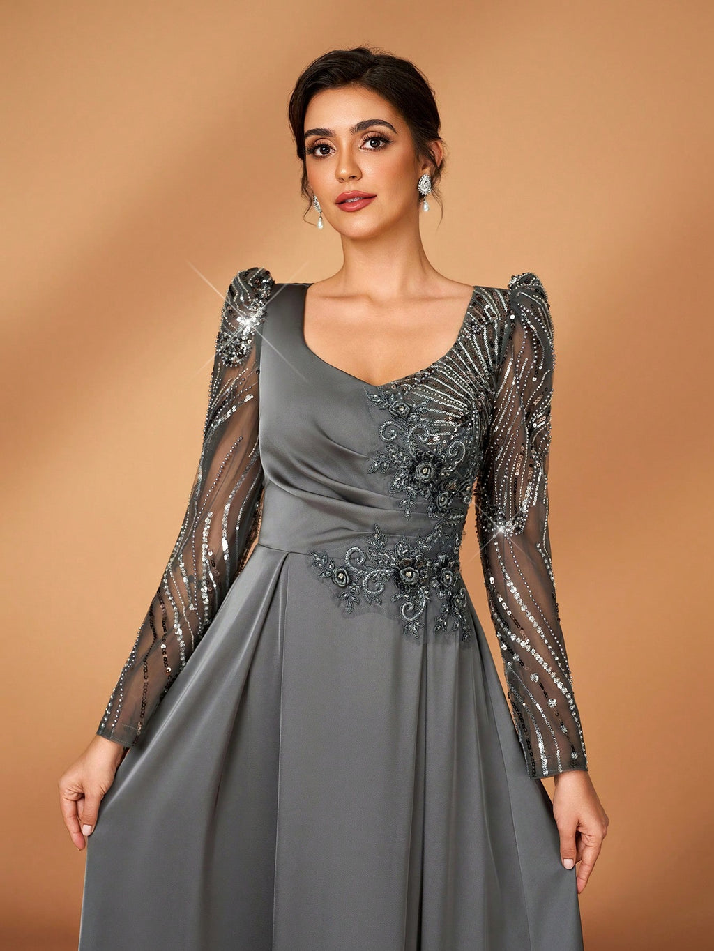 Serin Dusty Blue Spring Elegant Formal Dinner Evening Wedding Luxurious Beaded Sequin Floral Sheer Sleeve - image 6