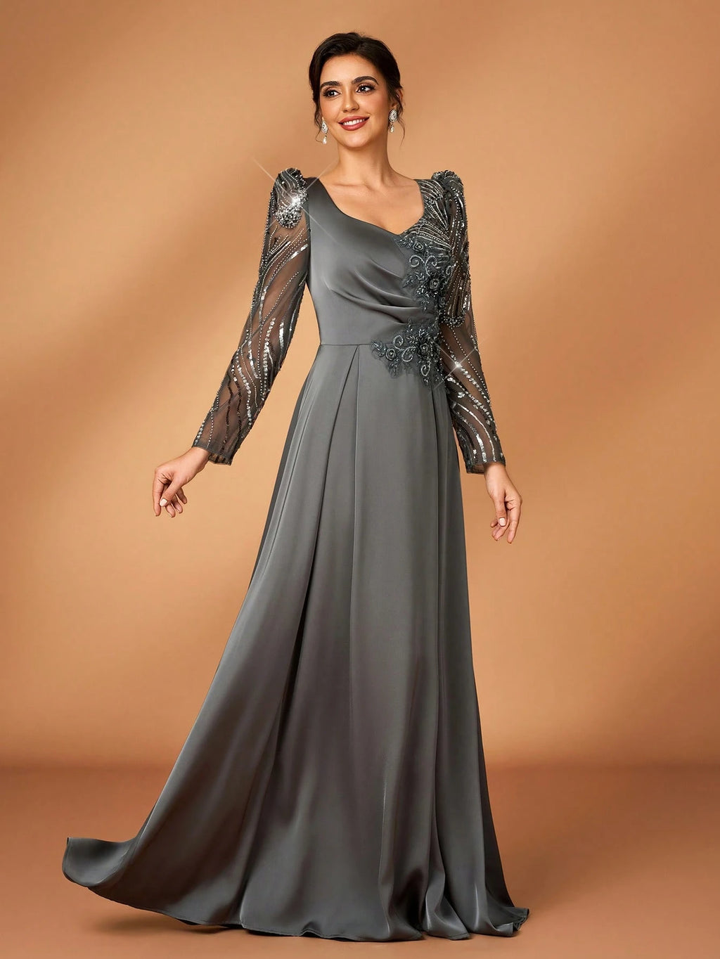 Serin Dusty Blue Spring Elegant Formal Dinner Evening Wedding Luxurious Beaded Sequin Floral Sheer Sleeve - image 7