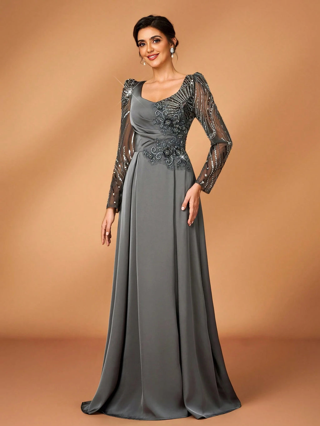 Serin Dusty Blue Spring Elegant Formal Dinner Evening Wedding Luxurious Beaded Sequin Floral Sheer Sleeve - image 8