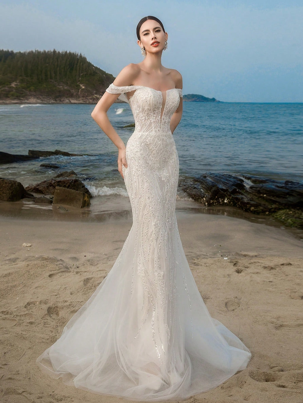 HEARBOBO Romantic Off-The-Shoulder Mesh Beaded Embroidered Mermaid Wedding Dress For Bride, Engagement
