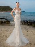 HEARBOBO Romantic Off-The-Shoulder Mesh Beaded Embroidered Mermaid Wedding Dress For Bride, Engagement