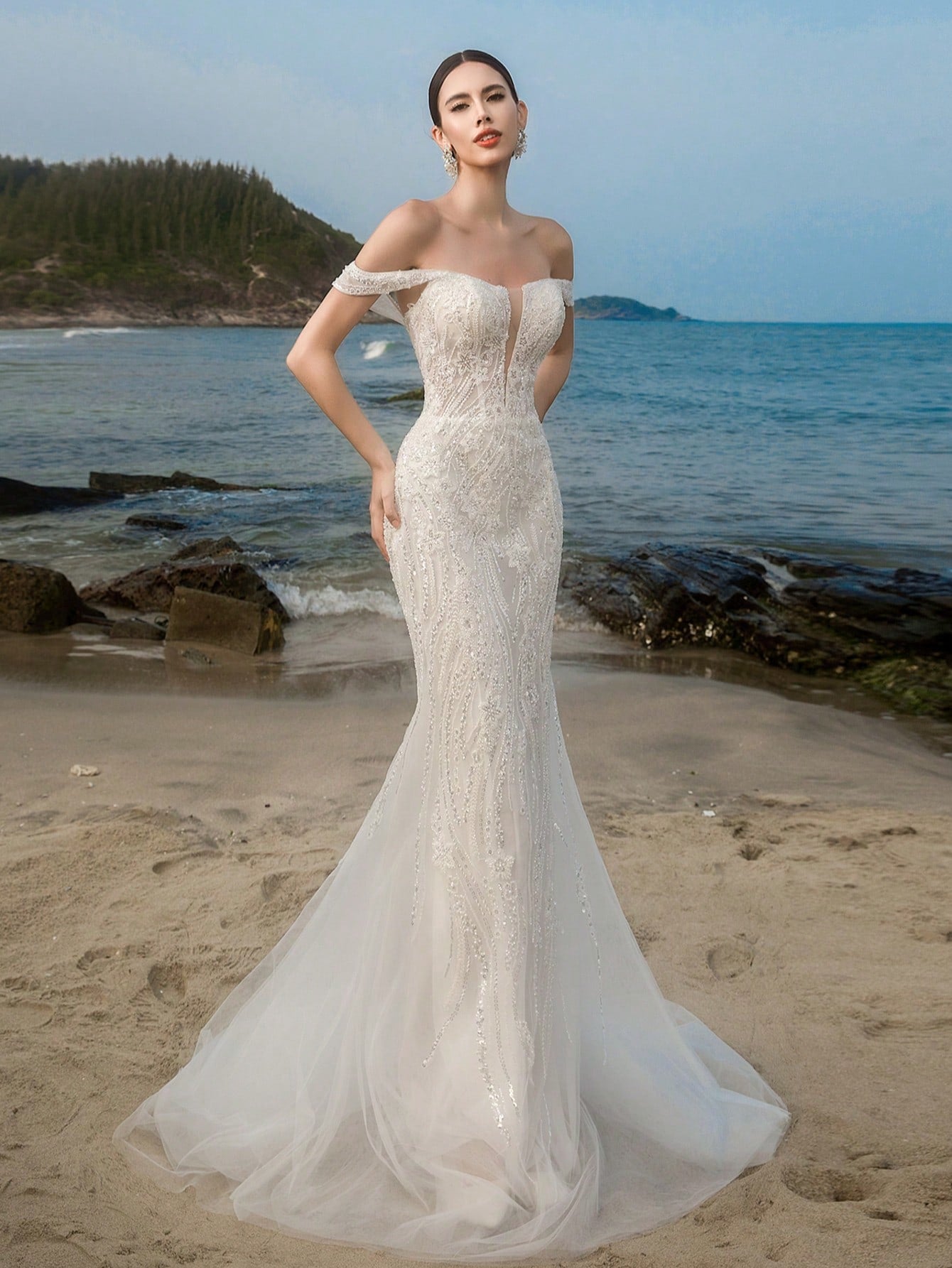 HEARBOBO Romantic Off-The-Shoulder Mesh Beaded Embroidered Mermaid Wedding Dress For Bride, Engagement