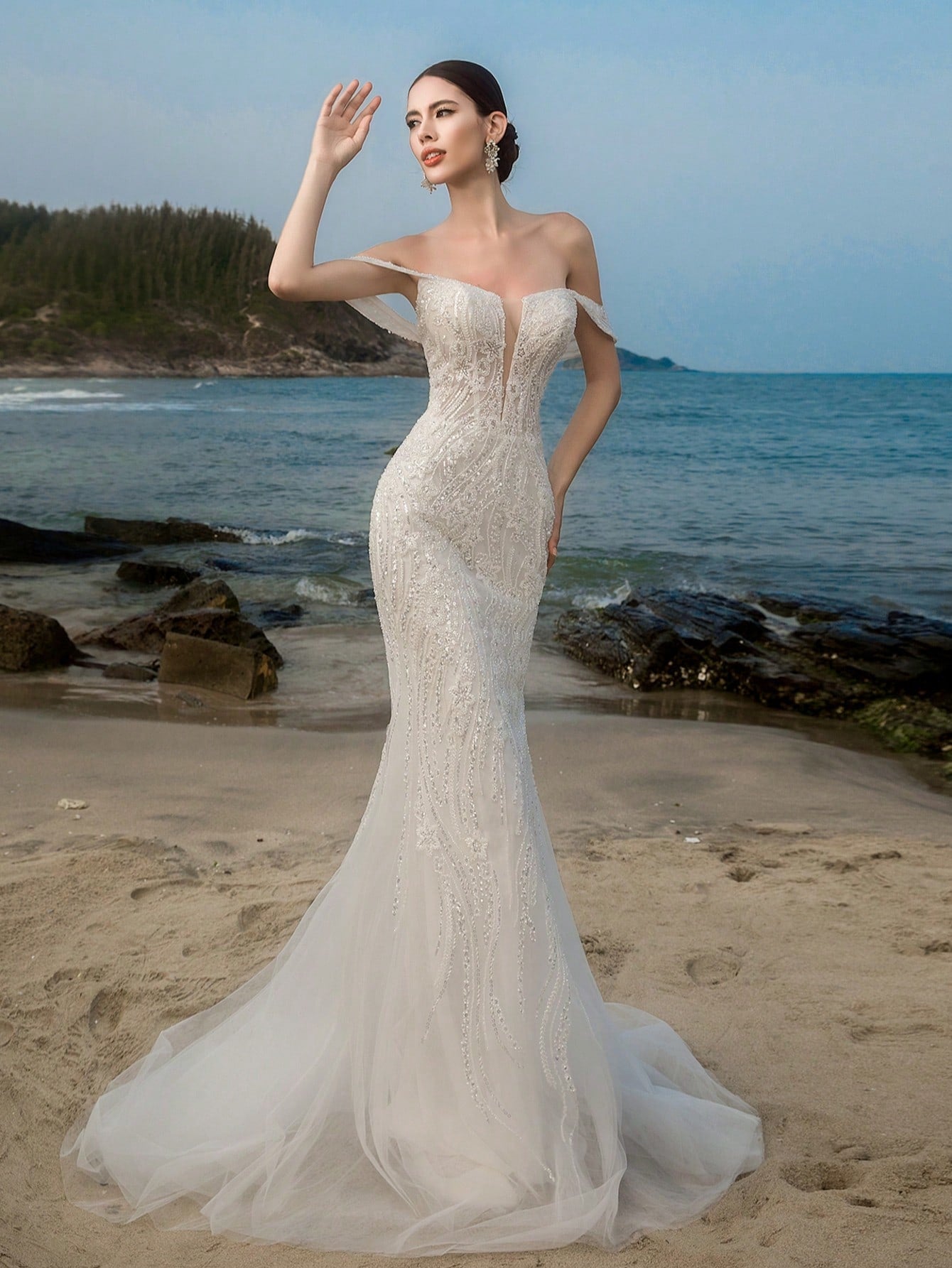 HEARBOBO Romantic Off-The-Shoulder Mesh Beaded Embroidered Mermaid Wedding Dress For Bride, Engagement - image 4