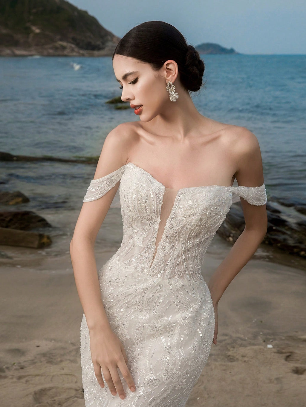 HEARBOBO Romantic Off-The-Shoulder Mesh Beaded Embroidered Mermaid Wedding Dress For Bride, Engagement - image 5