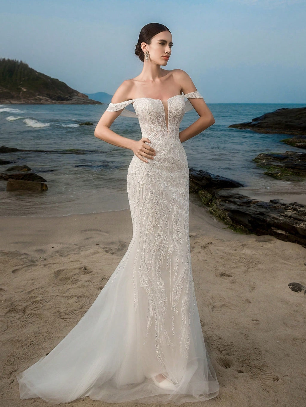 HEARBOBO Romantic Off-The-Shoulder Mesh Beaded Embroidered Mermaid Wedding Dress For Bride, Engagement - image 6