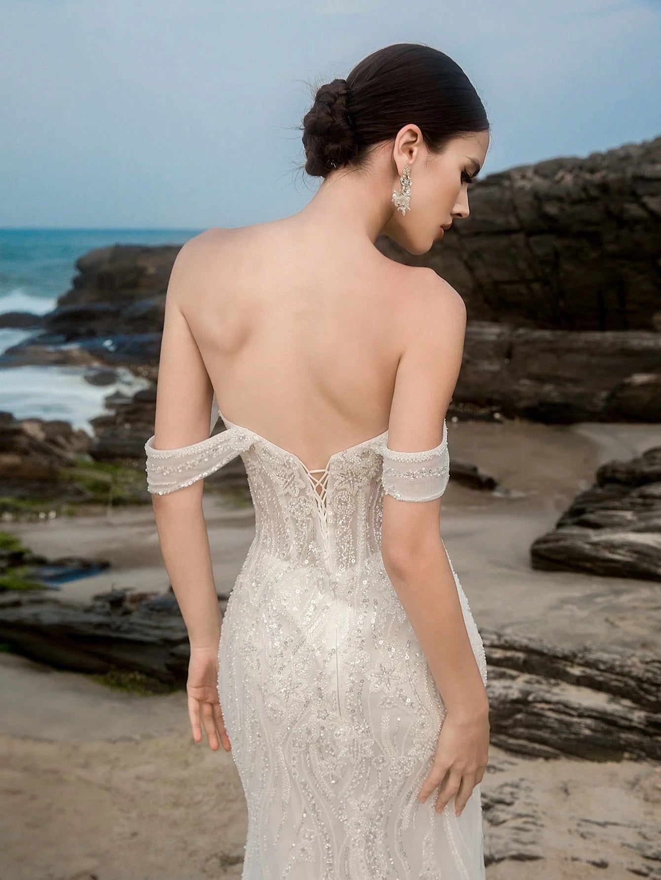 HEARBOBO Romantic Off-The-Shoulder Mesh Beaded Embroidered Mermaid Wedding Dress For Bride, Engagement - image 3