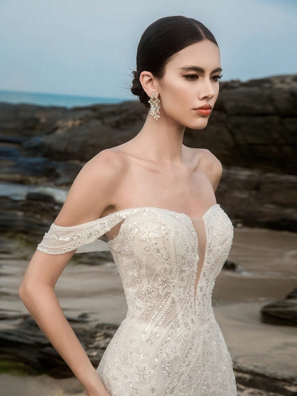 HEARBOBO Romantic Off-The-Shoulder Mesh Beaded Embroidered Mermaid Wedding Dress For Bride, Engagement - image 2