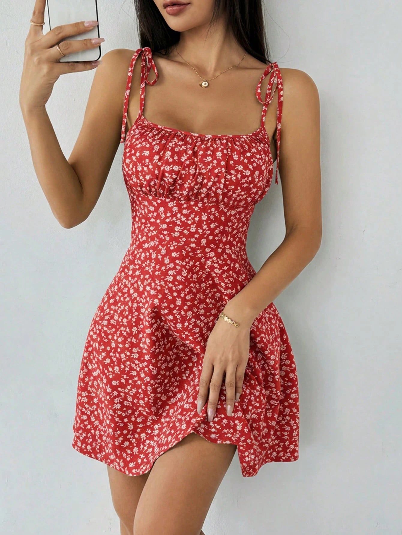 Breezaya Women's Spaghetti Strap Tie-Up Ditsy Floral Mini Dress