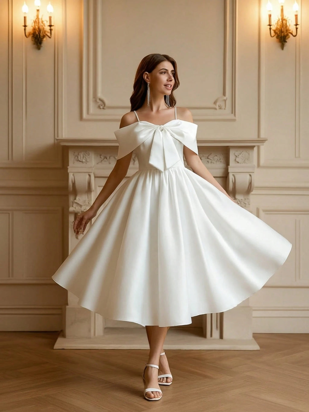 YUMIBRAVO Ballet Style Satin Wedding Dresses For Bride, White Dresses For Women, Ball Gown Dress Party Dress,