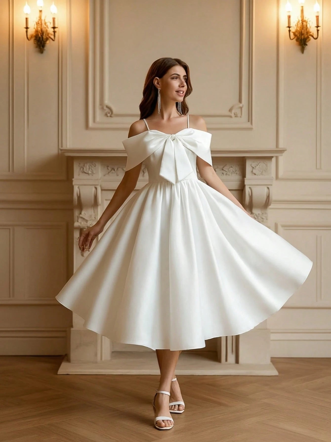 YUMIBRAVO Ballet Style Satin Wedding Dresses For Bride, White Dresses For Women, Ball Gown Dress Party Dress,