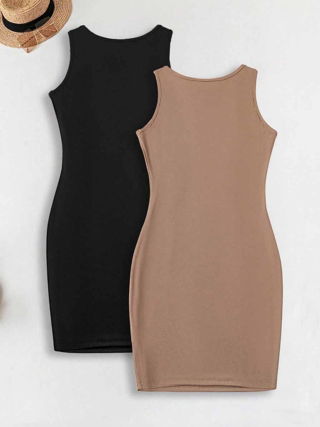 LUNE 2pcs Women Casual Minimalist Basic Bodycon Tank Dress + Crew