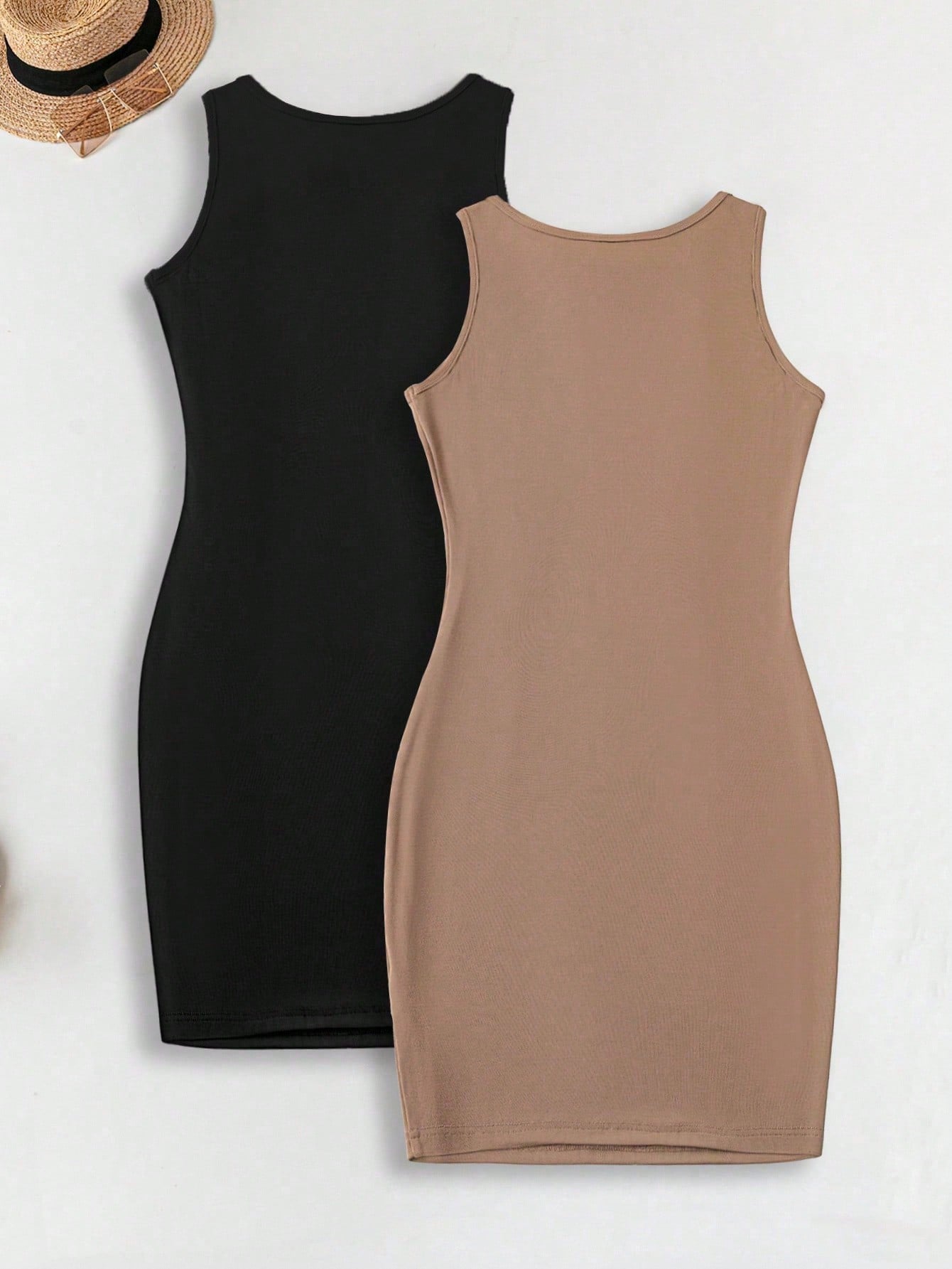 LUNE 2pcs Women Casual Minimalist Basic Bodycon Tank Dress + Crew Neck Slim Fit Mini Dress Set Chic - image 2