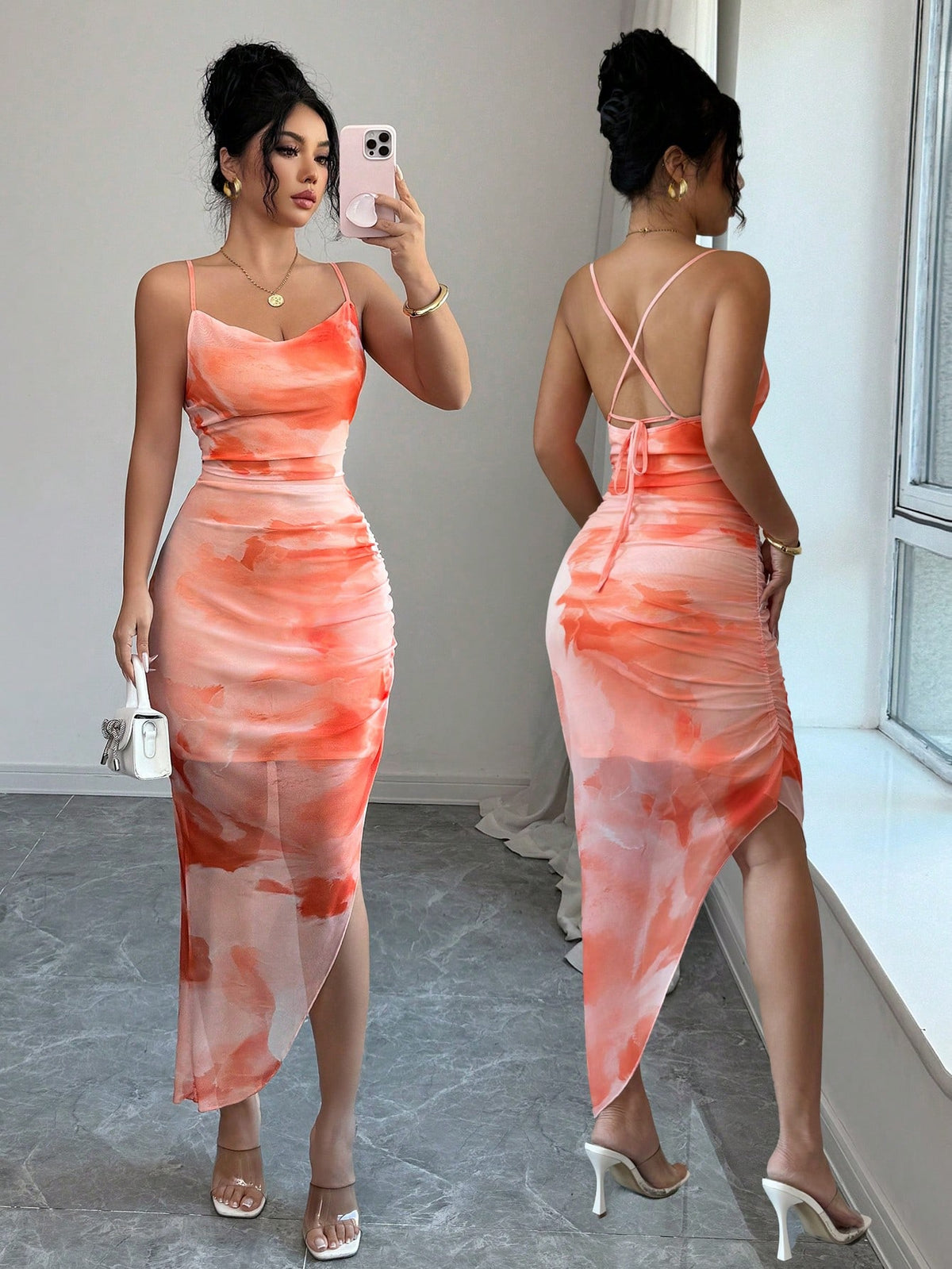 Xyvia Women's Luxury Summer Evening Dress, Tie Dye Printed Draped Neck, Backless Spaghetti Strap Dress' - image 17