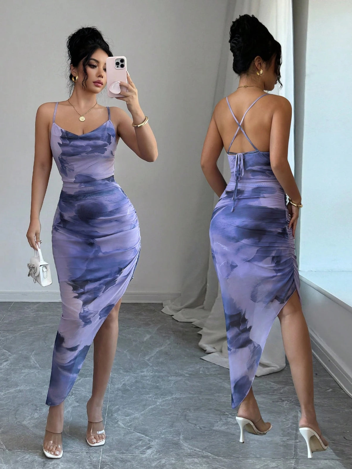 Xyvia Women's Luxury Summer Evening Dress, Tie Dye Printed Draped Neck, Backless Spaghetti Strap Dress' - image 15