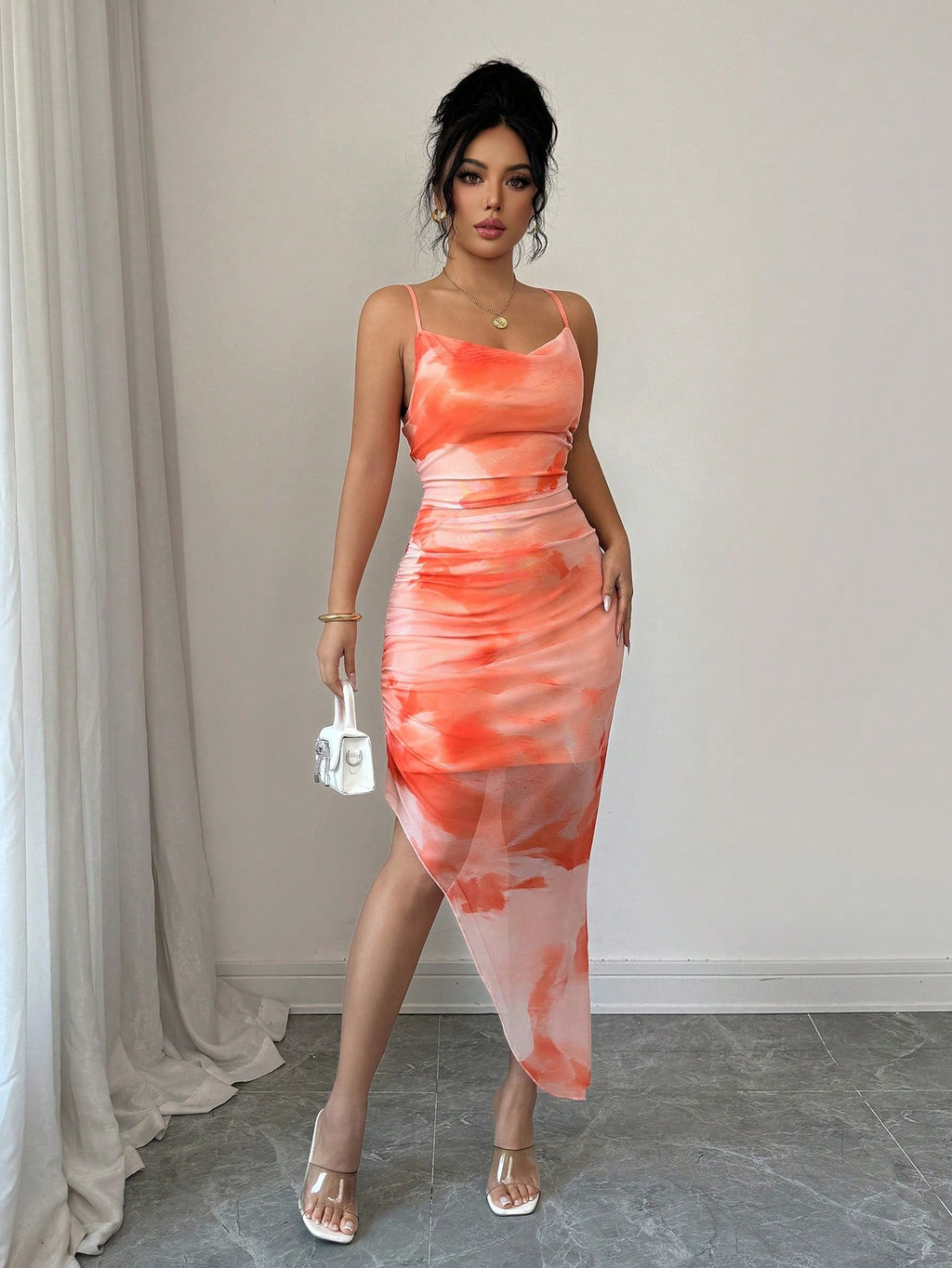 Xyvia Women's Luxury Summer Evening Dress, Tie Dye Printed Draped Neck, Backless Spaghetti Strap Dress' - image 19
