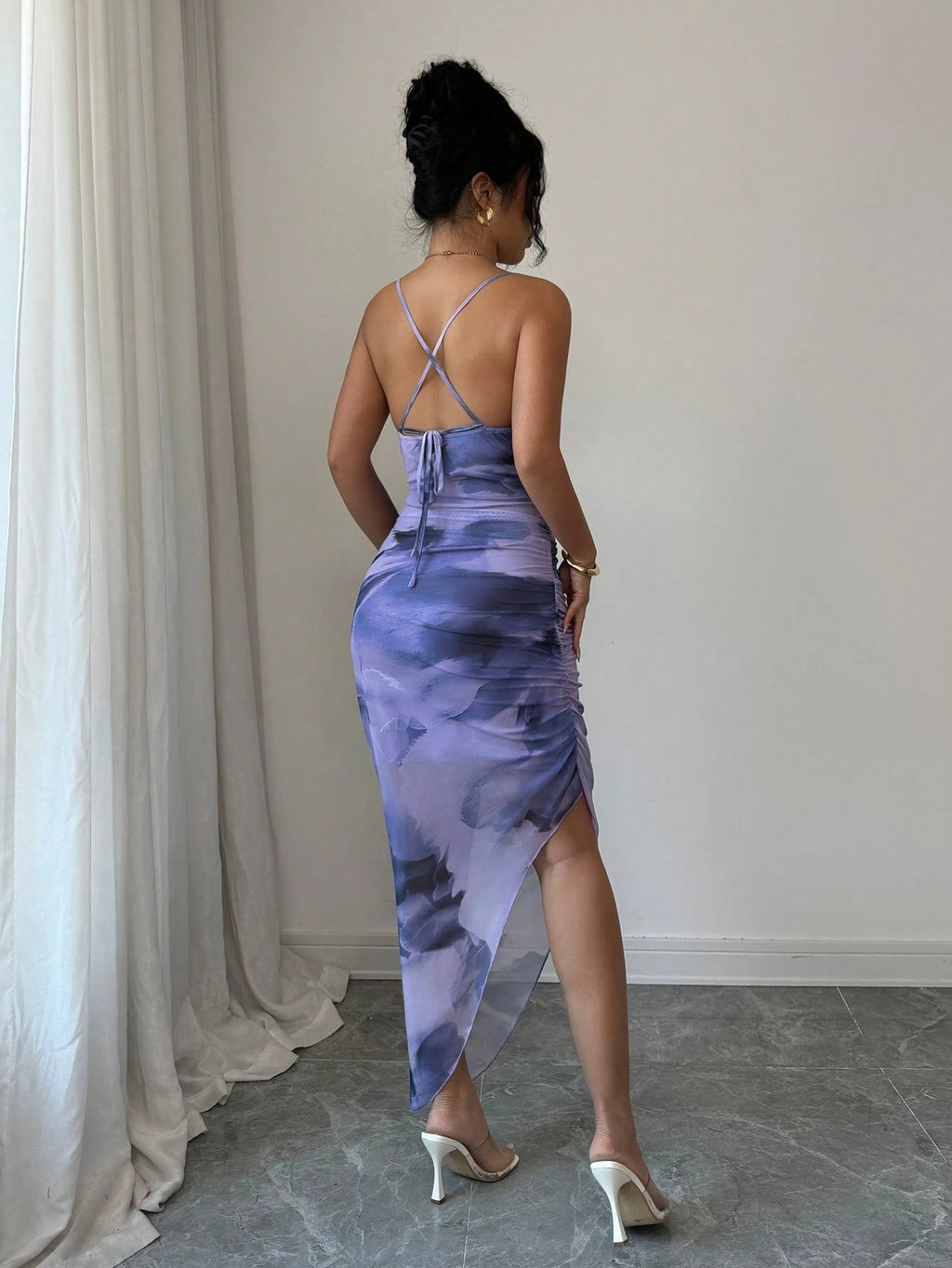 Xyvia Women's Luxury Summer Evening Dress, Tie Dye Printed Draped Neck, Backless Spaghetti Strap Dress' - image 16