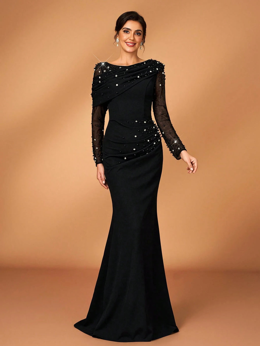 Serin Black Winter Elegant Formal Special Ocassion Luxurious Beaded Bubble Mesh Sheer Sleeve Ruched Fishtail - image 2