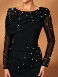 Serin Black Winter Elegant Formal Special Ocassion Luxurious Beaded Bubble Mesh Sheer Sleeve Ruched Fishtail