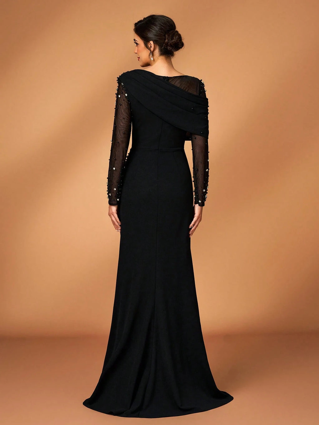 Serin Black Winter Elegant Formal Special Ocassion Luxurious Beaded Bubble Mesh Sheer Sleeve Ruched Fishtail - image 3
