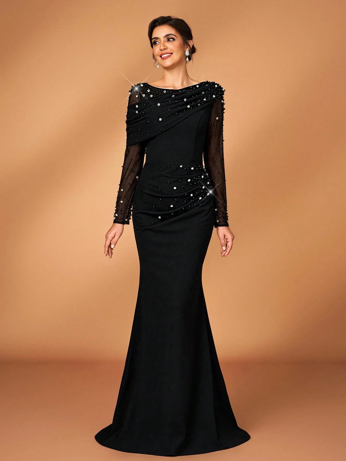 Serin Black Winter Elegant Formal Special Ocassion Luxurious Beaded Bubble Mesh Sheer Sleeve Ruched Fishtail - image 4